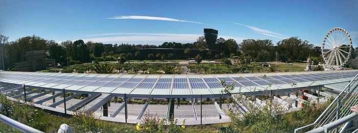 High angle view of plants and trees against sky