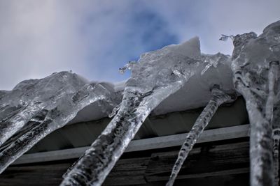 Close-up of icicles against sky