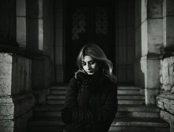 Portrait of young woman in winter