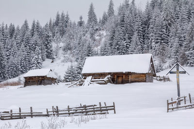 Snow covered landscape against built structure