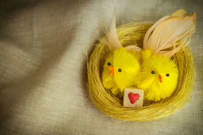 High angle view of stuffed toy in basket
