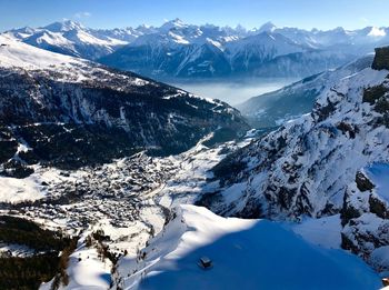 Scenic view of snowcapped mountains against sky