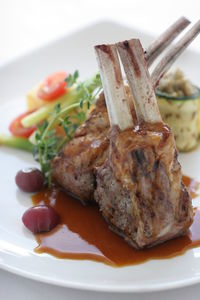 Close-up of meat served in plate against white background