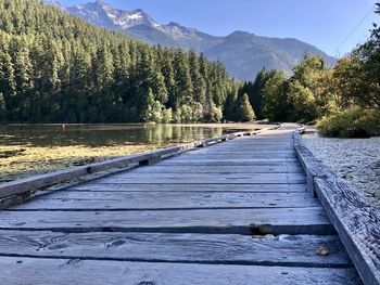 View of calm lake against mountain range