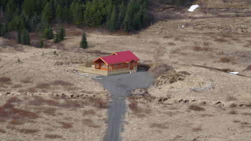 High angle view of hut on land