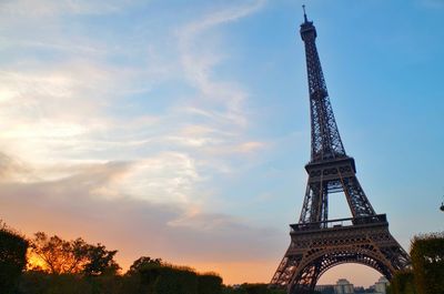 Low angle view of eiffel tower during sunset