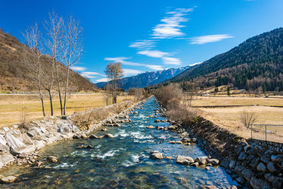 Mountain river surrounded by snow-capped mountains. italian alps, view from pellizzano city, italy