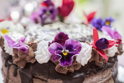 Close-up of pink flowering on a birthday cake 