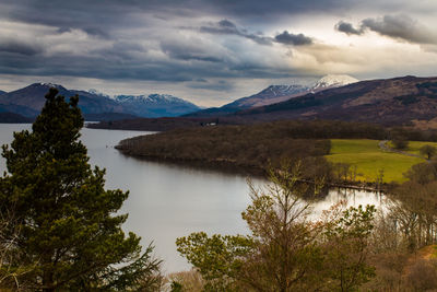 Scenic view of lake and mountains against sky