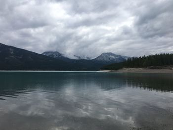 Scenic view of lake and mountains against sky