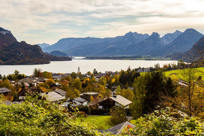 Scenic view of lake and mountains against sky