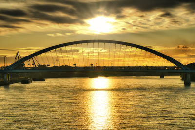 Bridge over river against sky during sunset