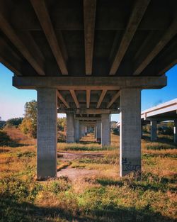 Underneath view of bridge on grassy field