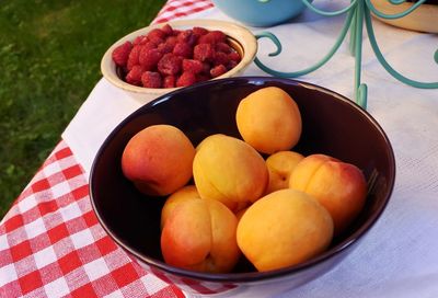 Close-up of fruits in plate on table