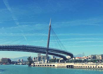 View of suspension bridge against blue sky