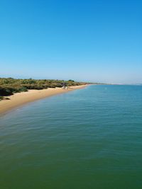 Scenic view of sea against clear blue sky