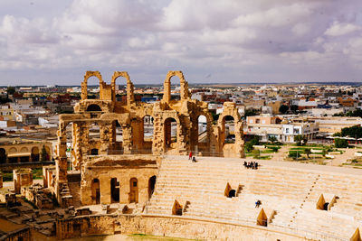 High angle view of old buildings in city