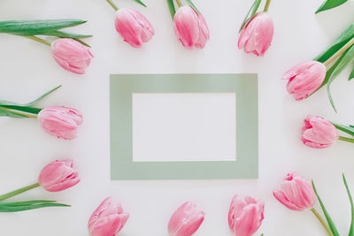 Directly above shot of pink roses on table