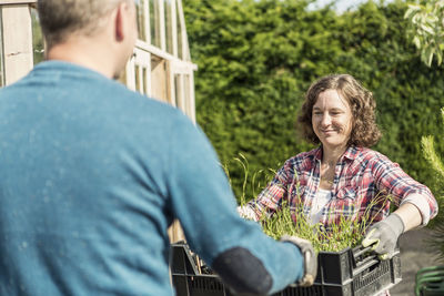 Smiling woman giving plant crate to man at community garden