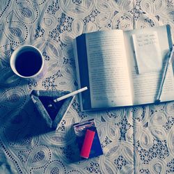 High angle view of coffee cup on table