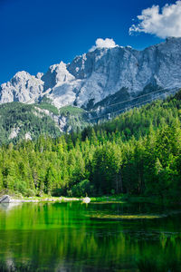 Scenic view of lake and mountains against sky