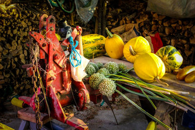 High angle view of pumpkins in market