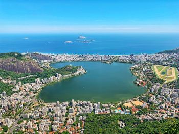 High angle view of townscape by sea, rio de janeiro