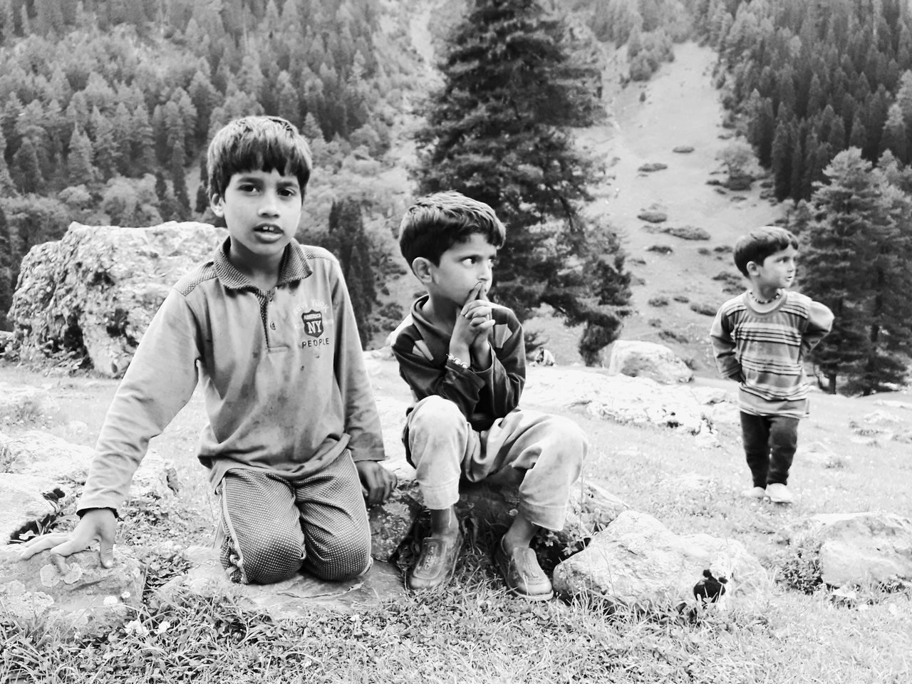 boys, childhood, child, males, men, togetherness, sitting, full length, portrait, sibling, friendship, casual clothing, offspring, looking at camera, day, land, two people, brother, sister, outdoors, innocence, male friendship