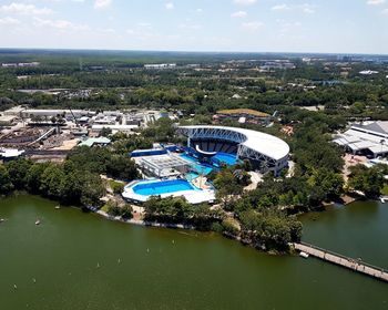 High angle view of river amidst buildings in city