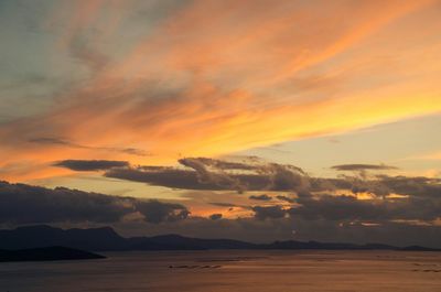 Scenic view of mountains against cloudy sky at sunset