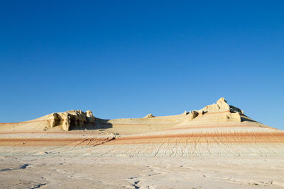 Scenic view of desert against clear blue sky