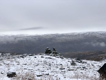 Scenic view of snow covered mountains against sky