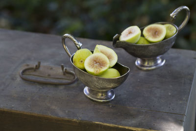 High angle view of fruits in bowl on table