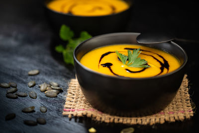 High angle view of soup in bowl on table