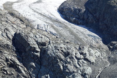 High angle view of rock formations and swiss glacier