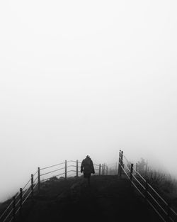 Rear view of silhouette men walking on railing against sky