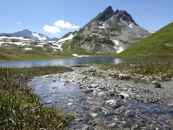 Scenic view of lake and mountains against sky
