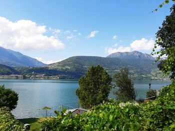 Scenic view of lake and mountains against sky