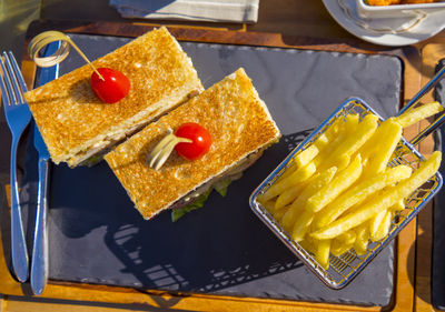 High angle view of breakfast on table