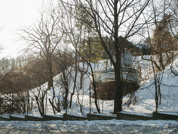 Bare trees on snow covered land against sky