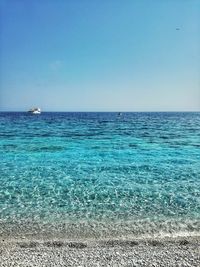 Scenic view of sea against clear blue sky