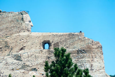 Low angle view of old ruins against clear blue sky