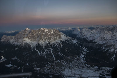 Scenic view of mountains against sky during sunset