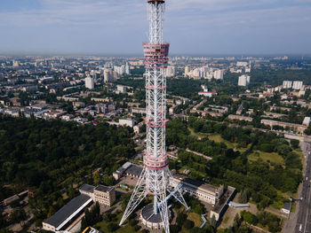 High angle view of city and buildings against sky