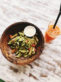 High angle view of breakfast on table