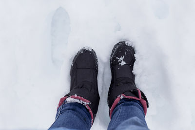 Low section of person wearing shoes on snow covered land