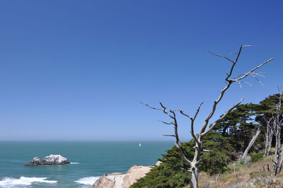Scenic view of sea against clear blue sky