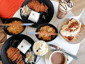 High angle view of breakfast on table