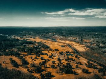 High angle view of field against sky
