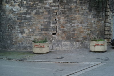 Text on potted plants against cracked wall